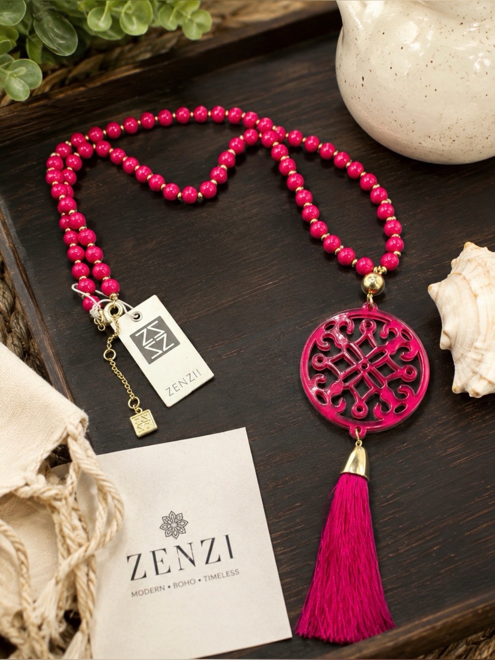 ZENZI CIRCLE SCROLL TASSEL NECKLACE HOT PINK GOLD FASHION CHIC TRENDY STYLISH